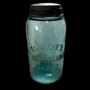 Vintage Swayzee’s improved Mason Blue Glass Quart  Jar zinc lid FLAW Bubble